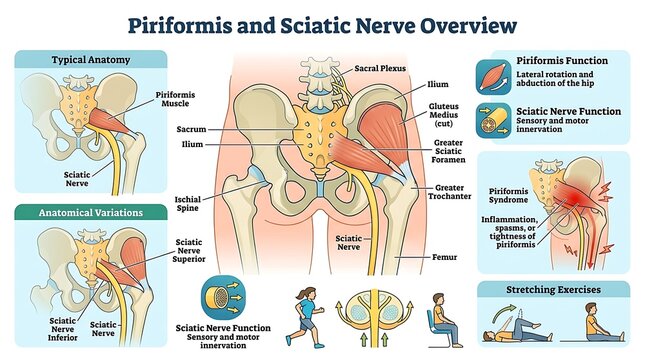 Piriformis muscle and sciatic nerve anatomy medical infographic
