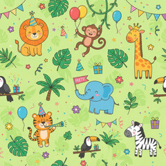 Naklejka premium Cute jungle animals birthday party seamless pattern with lion, elephant, giraffe, and tropical leaves