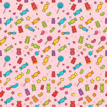 Sweet candy seamless pattern with gummy bears, lollipops, and hard candies