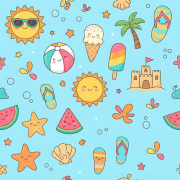 Cute summer seamless pattern with kawaii sun, beach ball, ice cream, and sandcastle