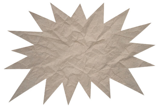 Crumpled brown paper burst shape banner with jagged star points isolated on a white background design asset