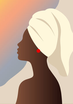 Stilisierte Frau im Seitenprofil mit dunkler Haut und wei&szlig;em Handtuch um das Haar. Minimalistische Illustration mit rotem Ohrring und sanftem abstraktem Hintergrund.