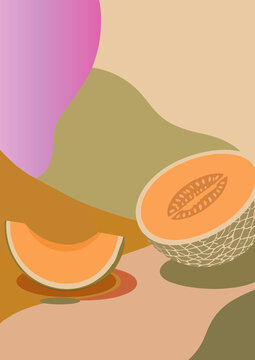 Stilisierte Cantaloupe-Melone mit angeschnittener H&auml;lfte und St&uuml;ck in warmen Orange-, Beige- und Gr&uuml;nt&ouml;nen. Moderne minimalistische Illustration mit abstraktem Hintergrund.