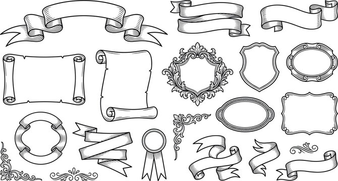 Vintage vector ribbon banner set with hand drawn sketch scrolls heraldic shields engraving frames and ornate borders