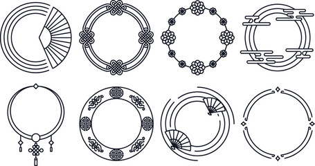 Fototapeta premium Chinese circular frames with traditional fan and knot patterns for decorative graphic design projects