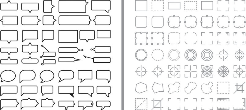 Vector line icon set of speech bubbles callouts UI elements target reticles and framing marks for graphic design