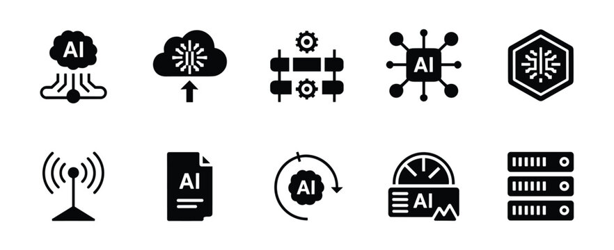 Collection of ten distinct artificial intelligence technology icons representing concepts like AI networks and data processing