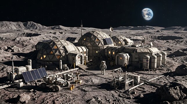 Futuristic lunar base with astronaut walking on moon surface