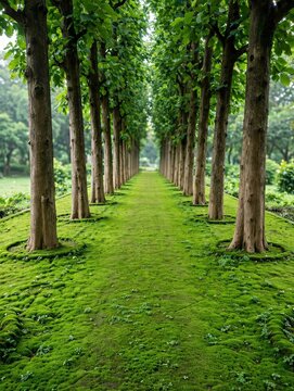 Lush green moss covered pathway lined with tall teak trees in a park after monsoon