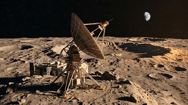 Satellite dish antenna on lunar surface with earth view