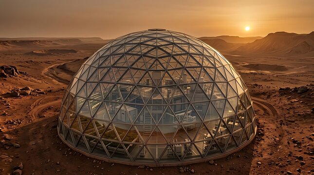 Futuristic geodesic dome habitat on a red planet at sunset