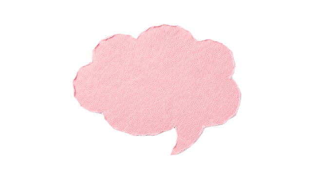 Pink cloud speech bubble made of textured torn paper isolated on a clean white background for creative design projects