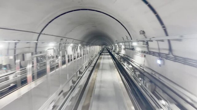 Driverless Train Ride Through Subway Tunnel &ndash; Front View During Fast Travel