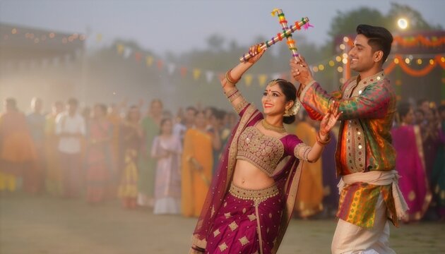 Dandiya raas during Navratri as a young couple strike decorated wooden sticks together under warm string lights with dancers blurred behind