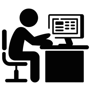 A minimalist office vector pictogram showing a worker sitting at a desk using a computer