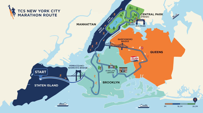 This flat design vector illustration presents a clear, stylized map of the New York City Marathon route, highlighting key landmarks and boroughs. It offers a clean and informative overview of the icon