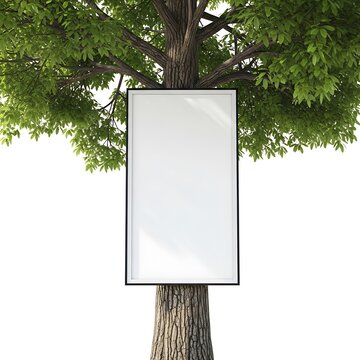 Blank vertical rectangular sign board attached to a large green tree in the forest