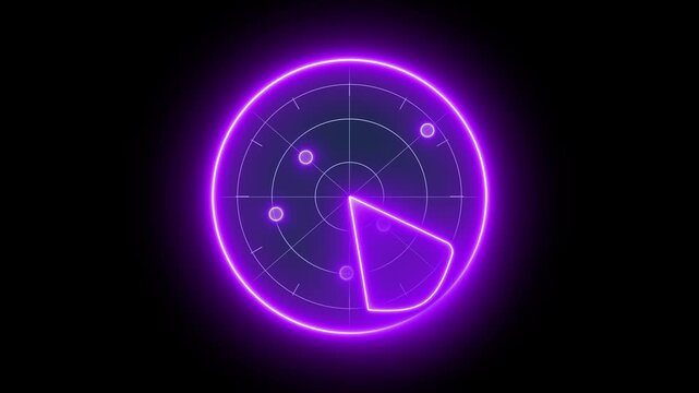 Glowing neon purple color radar signal  technology icon animation circle search target map scanner round sonar system sign symbol on black background