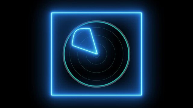 Glowing neon blue color radar signal  technology icon animation circle search target map scanner round sonar system sign symbol on black background