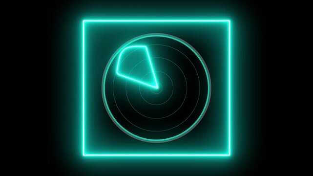 Glowing neon cyan color radar signal  technology icon animation circle search target map scanner round sonar system sign symbol on black background