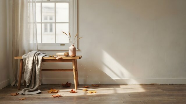 Empty cream wall in cozy fall corner with oak floor &ndash; Perfect for interior mockups, autumn home decor, or wellness themes.