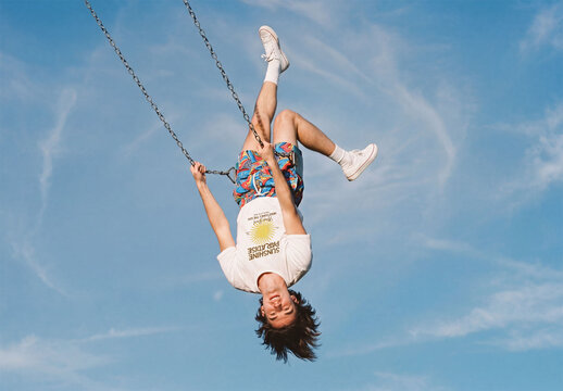 Mockup of white t-shirt and colorful shorts.