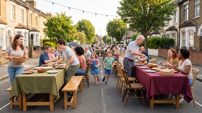 Neighbours sharing a long table dinner in their street on a summer evening