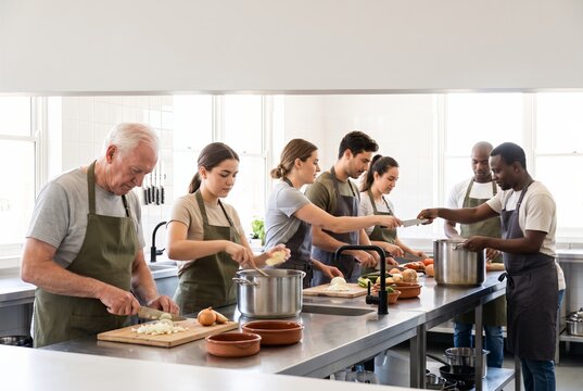 People cooking side by side at a long counter in a community kitchen