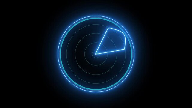 Glowing neon blue color radar signal  technology icon animation circle search target map scanner round sonar system sign symbol on black background
