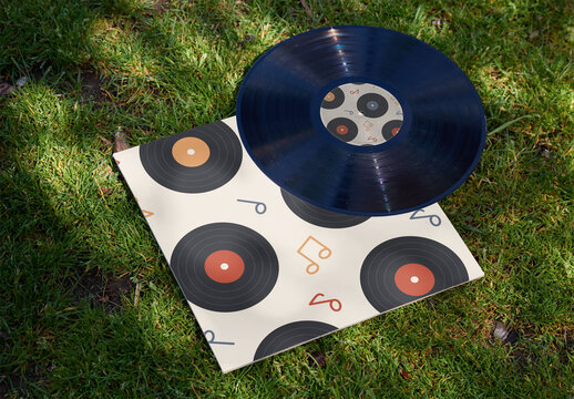 Vinyl label, and cover / jacket  on Grass. PSD mockup template