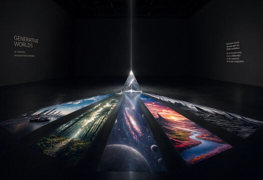 Generative ai art installation with central prism reflecting diverse landscape projections on dark gallery floor.
