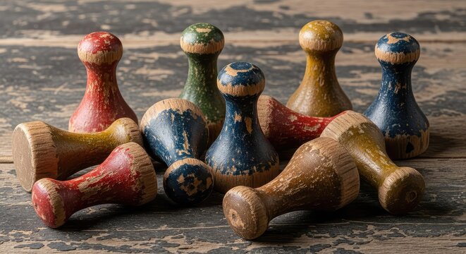 A group of eight vintage wooden game pieces sits on a weathered surface, showing signs of heavy wear and antique charm from decades of play, detail, background, pastime