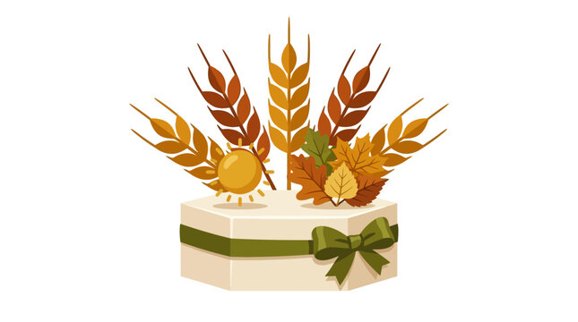 Autumn gift box illustration. Harvest wheat and gift with ribbon. Wheat ears, leaves, sun, box design. isolated on White Background Editable EPS
