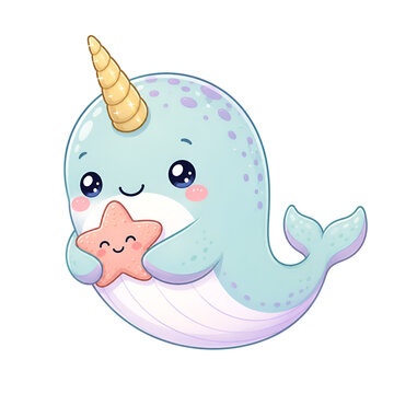 Cute narwhal hugging a smiling starfish kawaii vector illustration isolated on white background