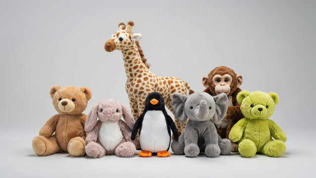 A group of assorted plush stuffed animal toys standing together on a plain white background with rabbit arranged white surface monkey penguin elephant