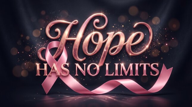 Rose gold "HOPE HAS NO LIMITS" text, pink satin ribbon, cinematic lighting, dark luxury background