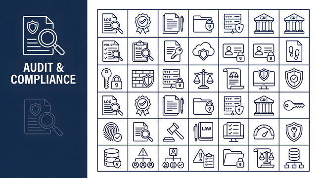Audit and Compliance Icons: A comprehensive collection of clean, modern line icons representing various aspects of audit, compliance, legal, and financial services, including documents.