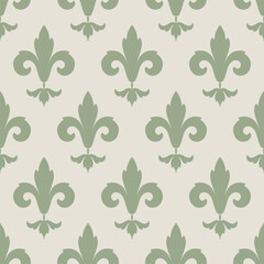 Seamless fleur de lis pattern vector sage green lily royal French vintage luxury tile background traditional heraldic ornament damask style textile fabric print digital paper retro chic wallpaper © Anton