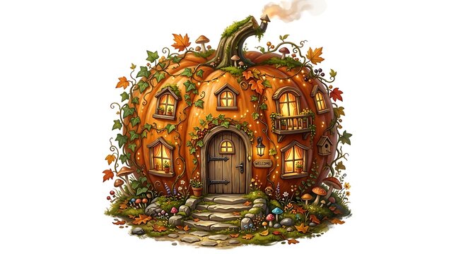Whimsical pumpkin house illustration with glowing windows and autumn foliage details