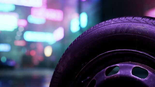 A worn tire stands close to colorful neon lights in a city setting at night. The lights create a vibrant atmosphere around the tire, highlighting its rough texture.