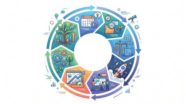 Circular vector infographic, 8-step process chart, pastel colors, icons for business lifecycle.
