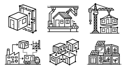 Fototapeta premium Modular Prefab Construction Technology Line Icon Set