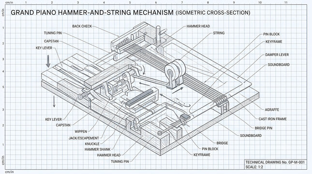 Grand Piano Hammer and String Action Mechanism, Isometric Technical Schematic Blueprint Cross-Section Drawing