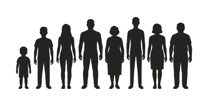 A collection of diverse human silhouettes standing in a row representing different ages and genders isolated on a plain white background for