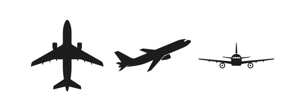 A collection of black airplane silhouettes showing various flight angles including top side and front views isolated on a clean and simple
