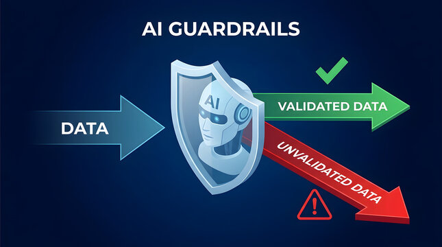 AI Guardrails: A visual representation of Artificial Intelligence acting as a guardrail, protecting data by filtering valid information from invalid input, ensuring secure data processing.