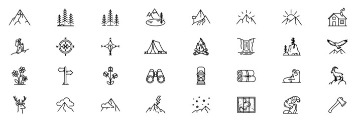Fototapeta premium Mountain landscape set with minimalist icons featuring mountain range, pine trees, campfire, tent, compass with snow, sun, and hiking boots