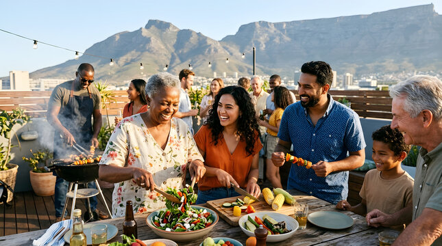 Happy Diverse Friends and Family Grilling Together on a Sunny Rooftop