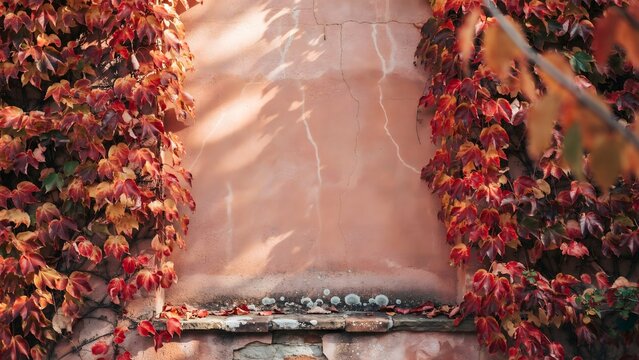 Sunlit clay wall framed by fall foliage &ndash; Great for autumn promotions, architectural textures, or seasonal banner design.