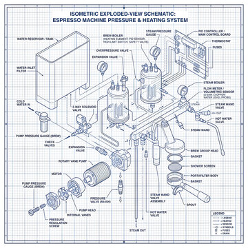 Isometric Exploded-View Schematic of Espresso Machine Pressure and Heating System Blueprint